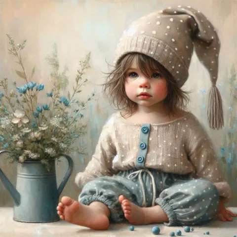 Whimsical Child in Adorable Outfit Watering Flowers