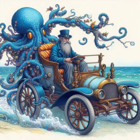 Old Man Driving Fantasy Octopus Vehicle