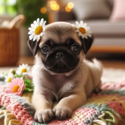 Pug Puppy with Daisies on Blanket
