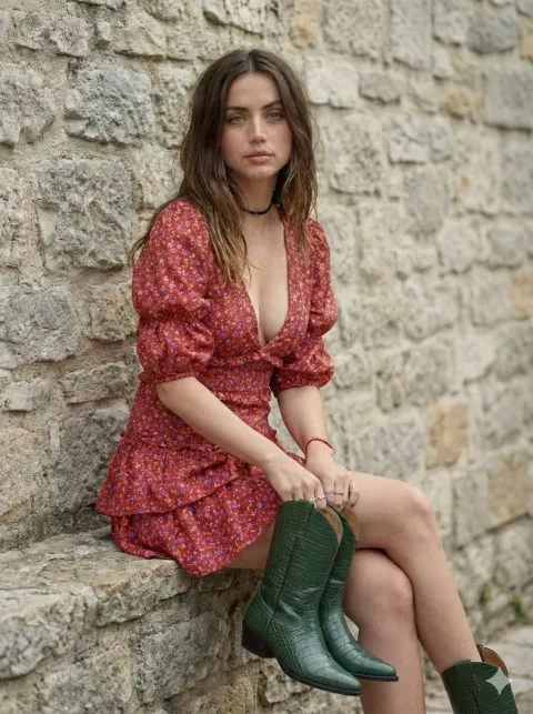 Boho Red Dress Stone Wall