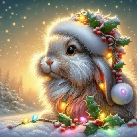 Rabbit Christmas Painting Snow Meadow