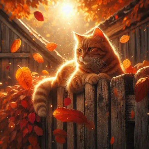 Orange Tabby Cat Autumn Fence