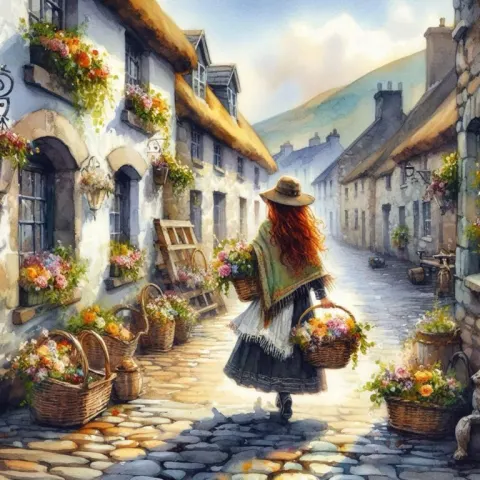 Irish Town Girl with Flower Basket