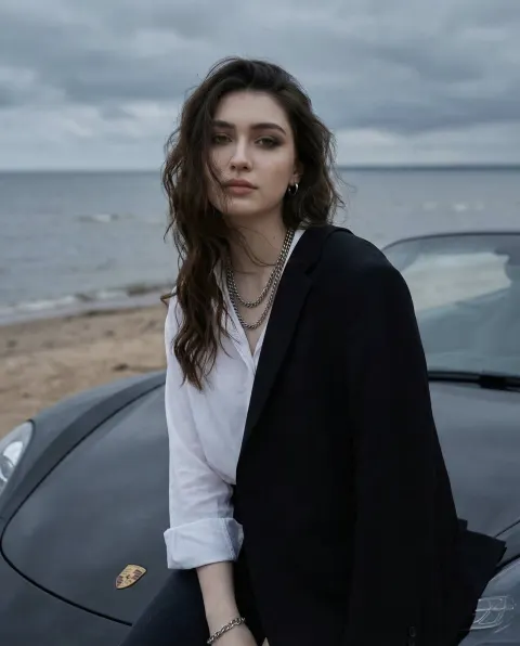 Coastal Fashion Portrait on Sports Car