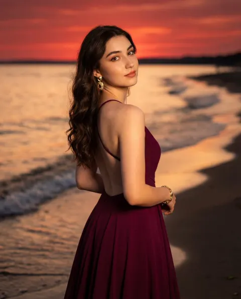 Elegant Woman in Burgundy Sunset