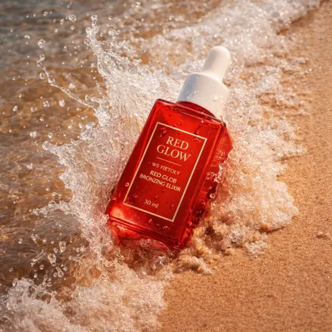 Red Serum Bottle on Golden Beach