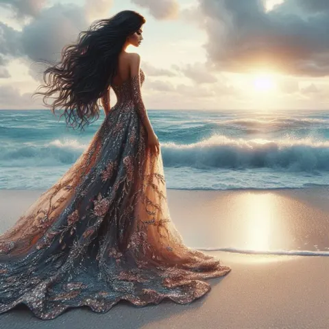 Gown Sparkling Woman Beach Sunset