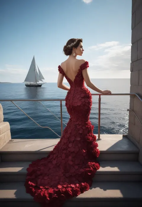 Woman in Rose Petal Gown Seaside