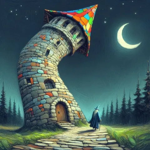 Crooked Stone Tower Night Sky