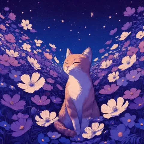 Whimsical Cat in Flower Field