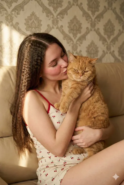 Girl Kissing Fluffy Ginger Cat
