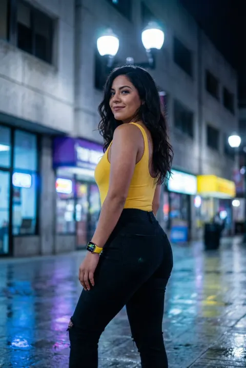 Confident Latina with Jet-Black Hair Turning Back
