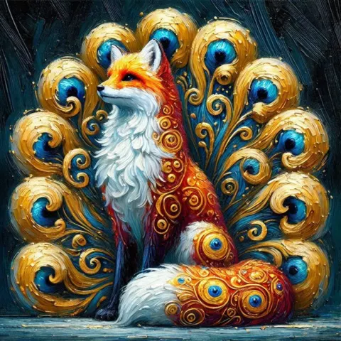 Regal Nine-Tail Fox with Klimt Patterns