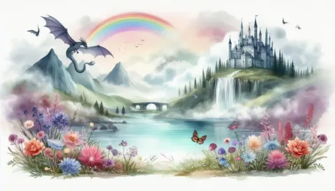 Fantasy Castle with Dragon and Rainb