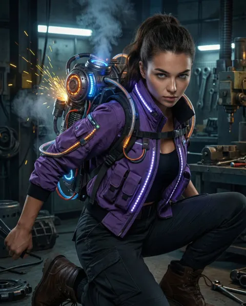 Cyberpunk Mechanic with Industrial Exosuit