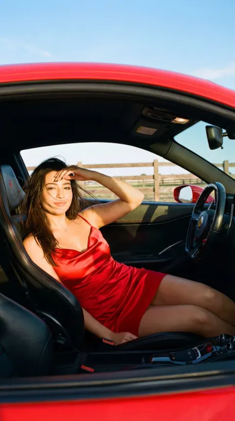 Red Ferrari Golden Hour Fashion Portrait