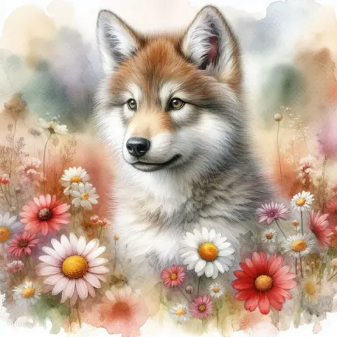 Young Wolf Pup in Misty Wildflowers
