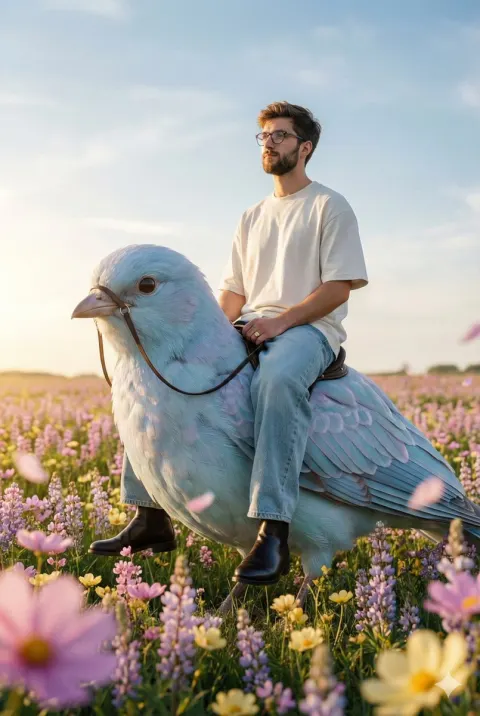 Boy Riding Giant Bird in Flower Field