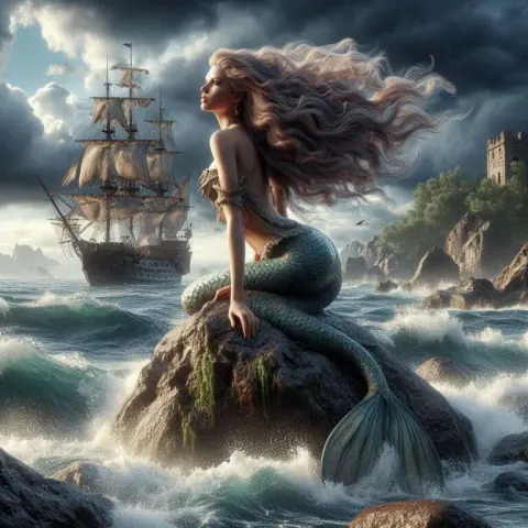Mermaid on Rock Amidst Turbulent Sea