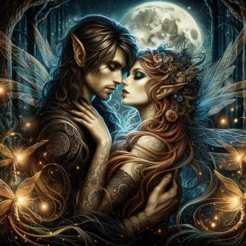 Celtic Fairies Embrace in Moonlit Forest