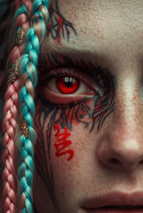 Red Eye Tattoo Girl Close-Up