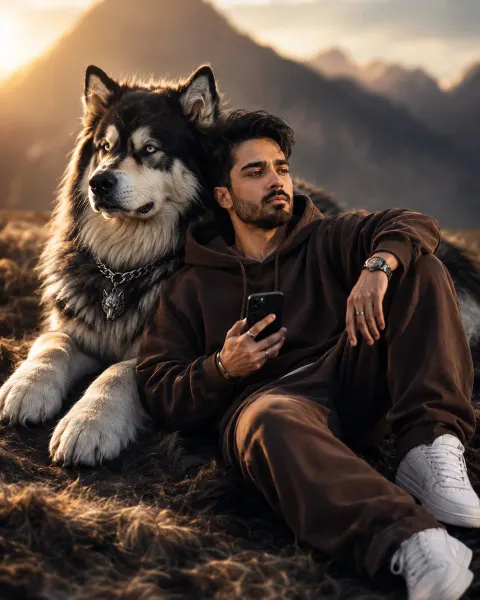 Cinematic Portrait with Majestic Wolf Dog