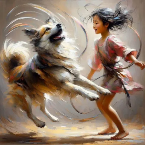 Joyful Girl and Playful Dog
