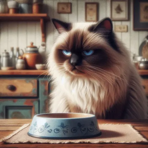 Grumpy Siamese Cat with Empty Dish