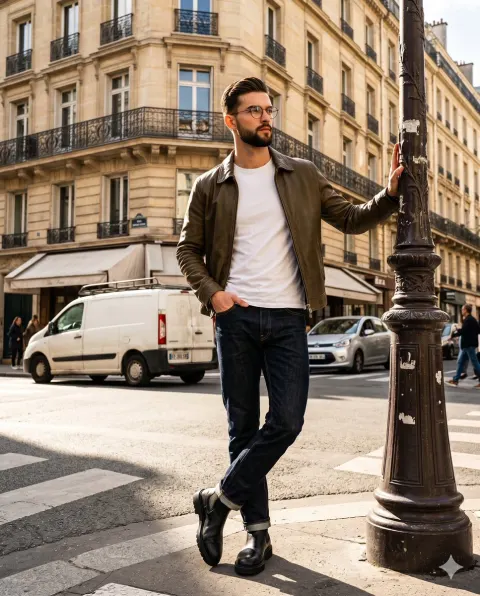 Stylish Man Posing at Paris Lamppost