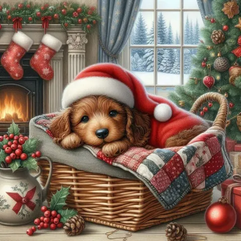Whimsical Baby Dachshund Christmas Scene