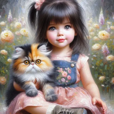 Impressionist Painting: Child with Fluffy Cat