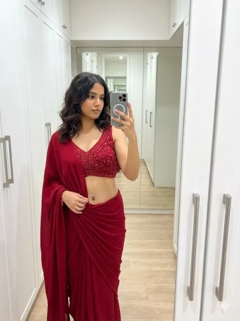 Crimson Saree Mirror Selfie