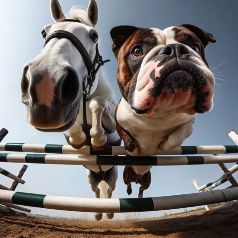 Horse and Bulldog Jumping Side by Side