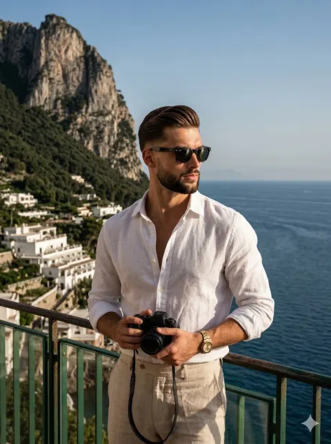 White-Shirted Traveler at Cliffside Sea View