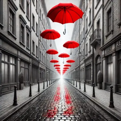 Grayscale Street with Red Umbrellas
