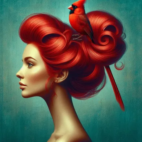 Woman with Red Hair and Cardinal, Teal Background