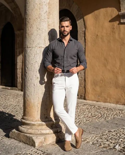 Stylish Man at Mediterranean Ruins