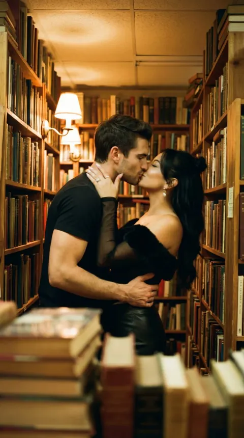 Intimate Kiss in Cozy Bookstore Aisle
