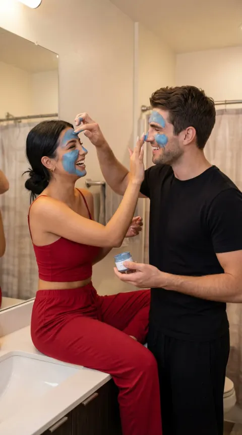 Playful Couple Face Mask Moment