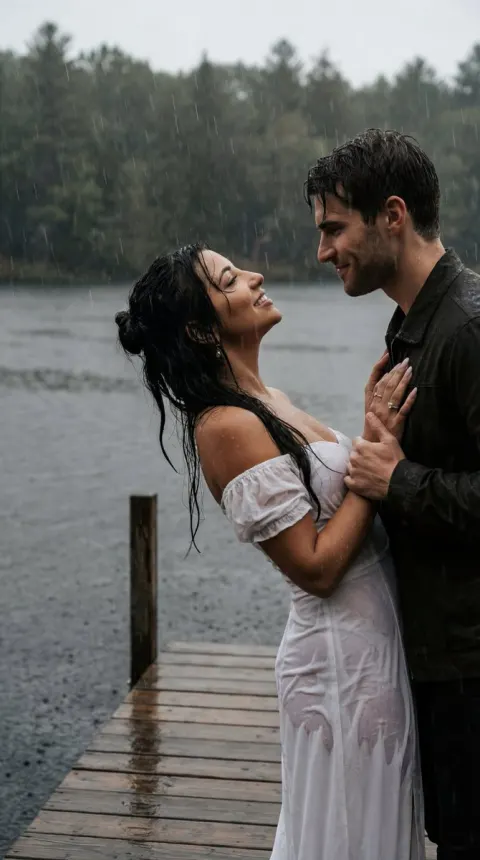 Rainy Lakeside Lovers Embrace