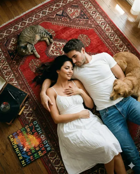 Cozy Couple on Vintage Turkish Rug