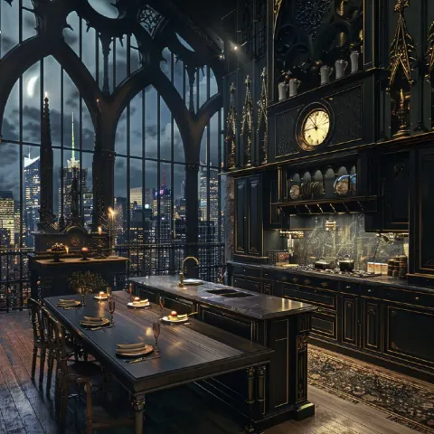 Gothic Medieval Kitchen with Night View