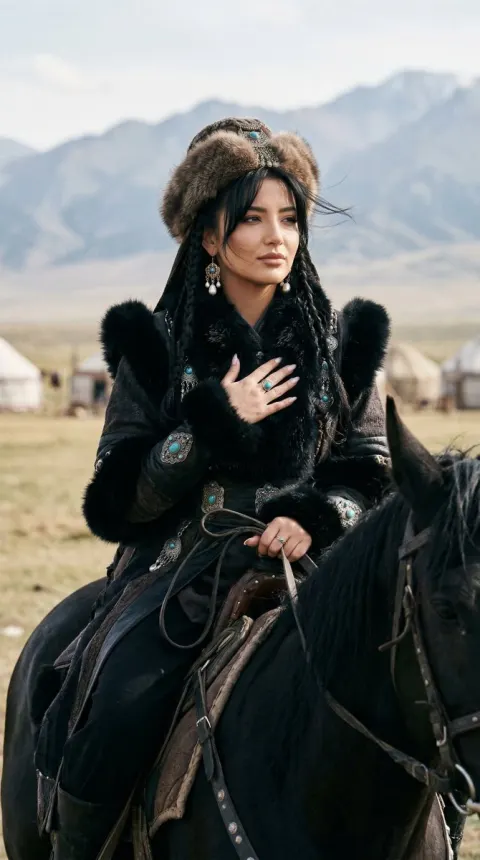 Noble Turkic Woman on Black Horse