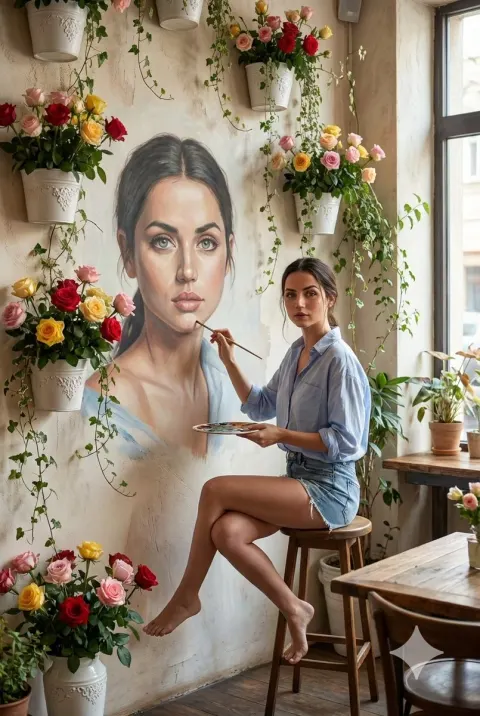 Painting Her Reflection in Cafe