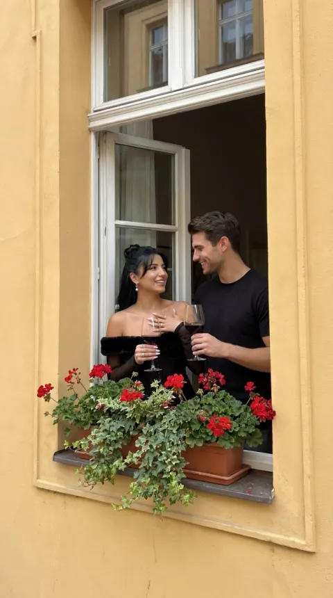 Romantic Couple Wine Yellow Facade