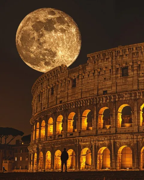 Person by Colosseum with Giant Moon