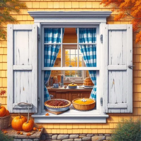 3D Watercolor Farmhouse Window with Pies