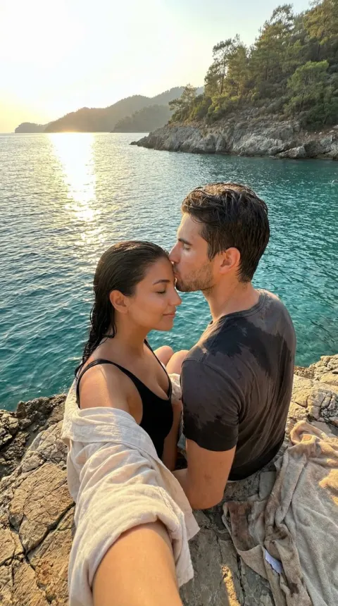 Golden Hour Forehead Kiss By Sea