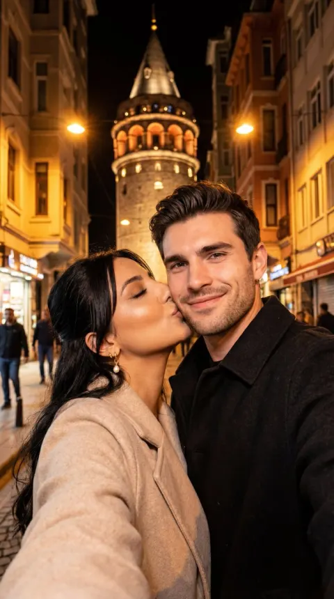 Galata Tower Night Selfie Kiss