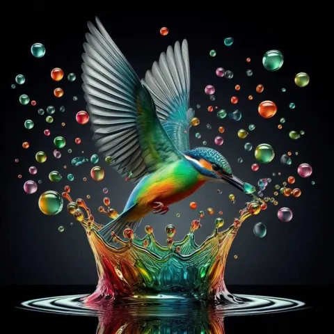 Bird Diving into Multi-Colored Water Splash